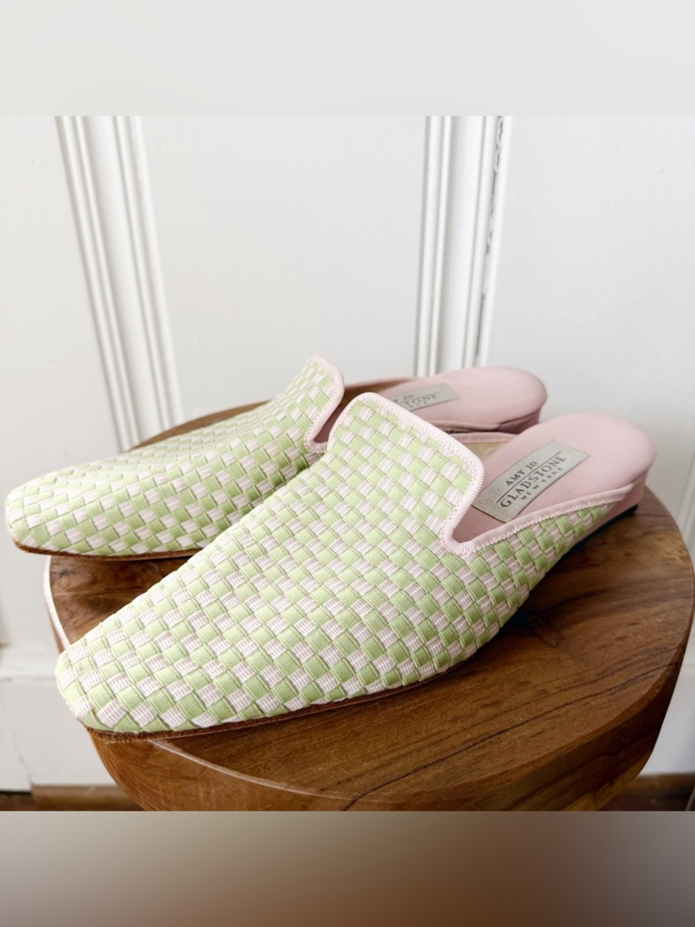 Amy Jo Gladstone Pink and Light Green Woven Slip-On Mules